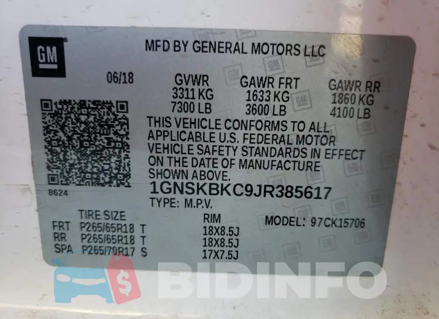 1GNSKBKC9JR385617 Photo# 10