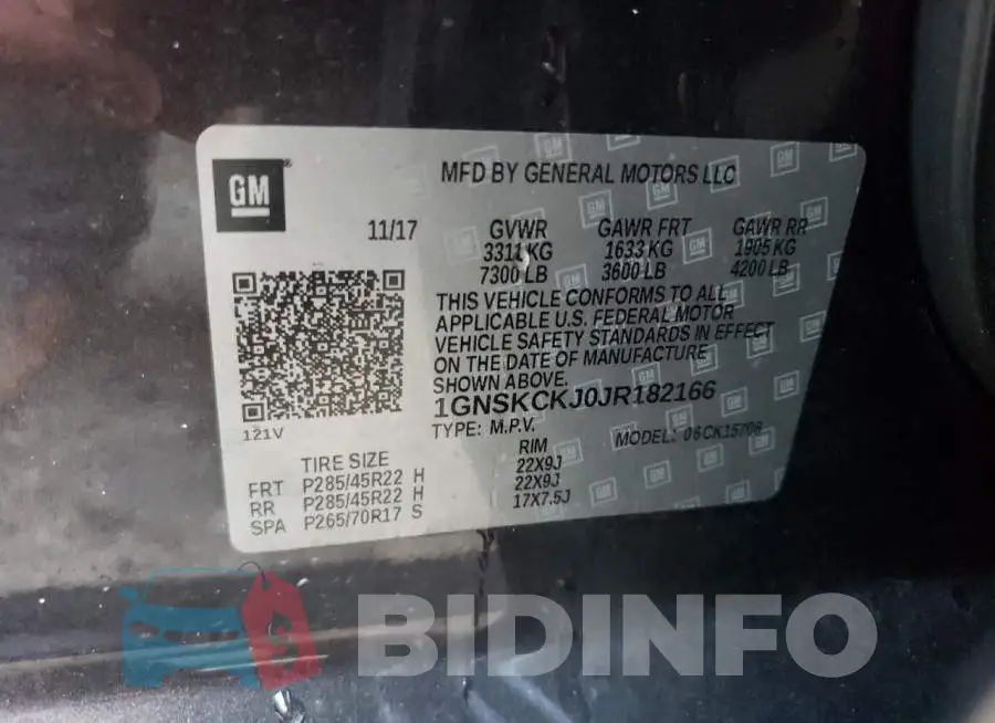 1GNSKCKJ0JR182166 Photo# 10