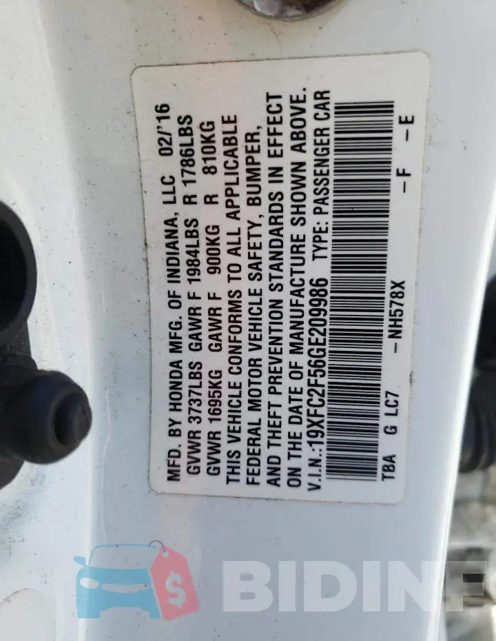 19XFC2F56GE209986 Photo# 10