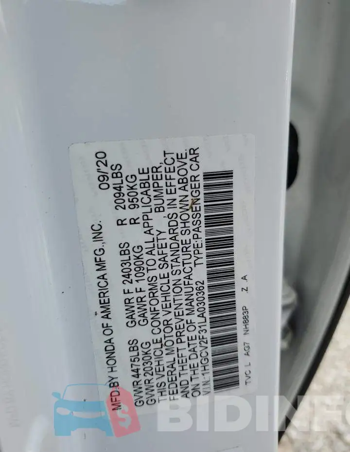 1HGCV2F31LA030362 Photo# 10