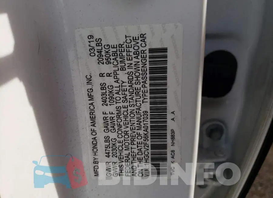 1HGCV2F56KA017039 Photo# 10