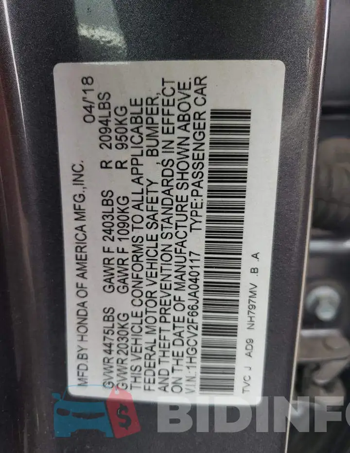 1HGCV2F66JA040117 Photo# 10