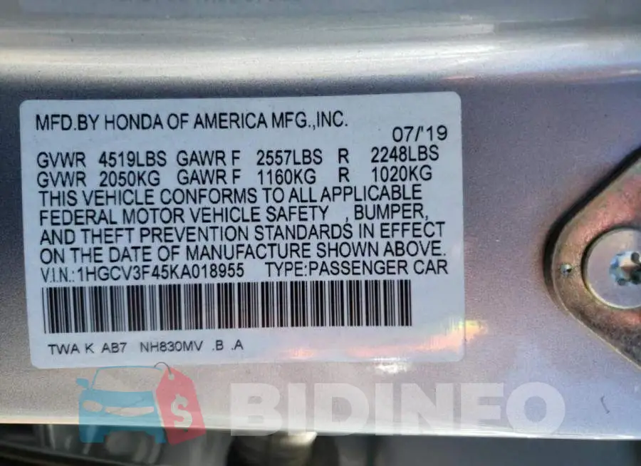 1HGCV3F45KA018955 Photo# 10