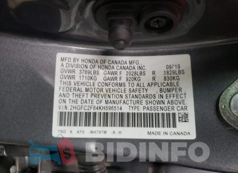 2HGFC2F64KH596514 Photo# 10