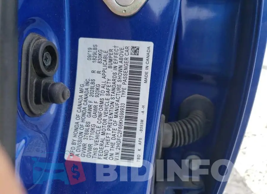 2HGFC2F66KH599933 Photo# 10