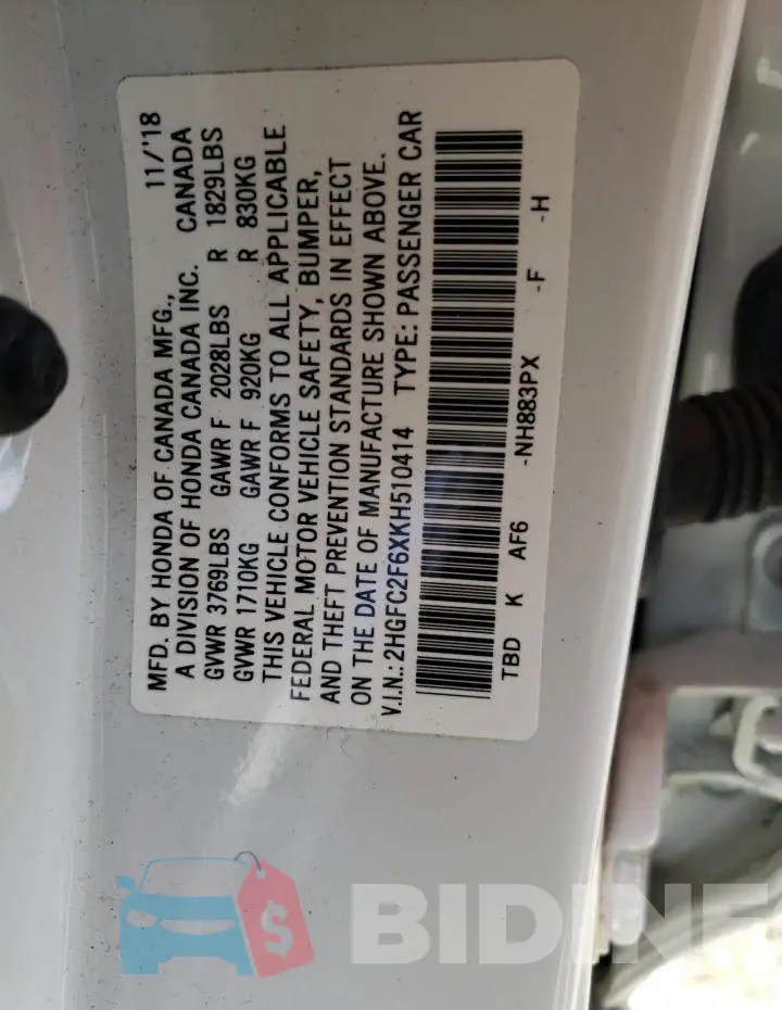 2HGFC2F6XKH510414 Photo# 10