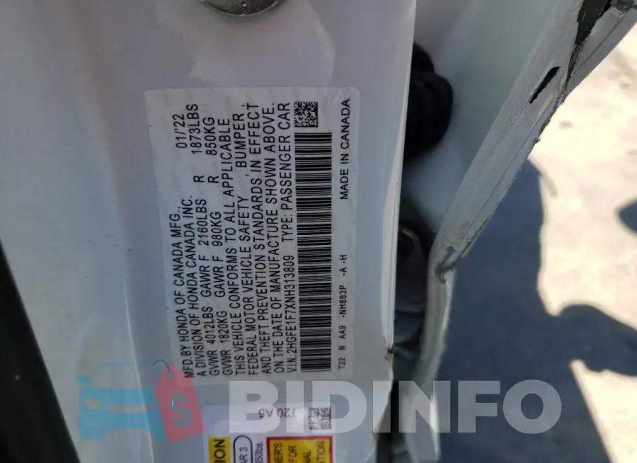2HGFE1F7XNH313809 Photo# 10