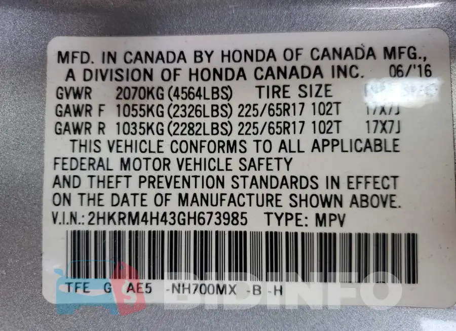 2HKRM4H43GH673985 Photo# 10