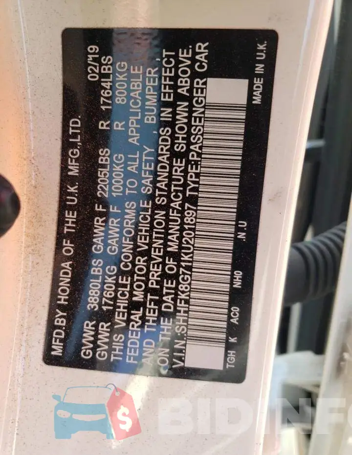 SHHFK8G71KU201897 Photo# 10