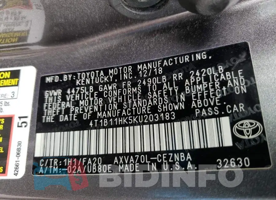 4T1B11HK5KU203183 Photo# 10