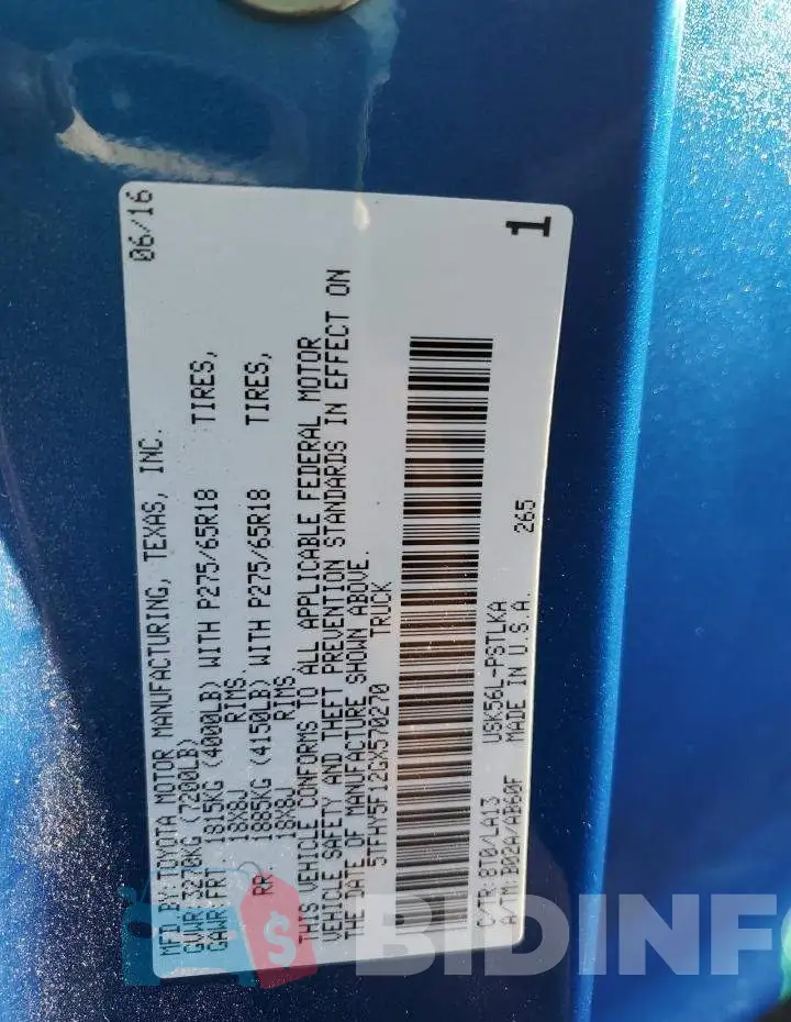 5TFHY5F12GX570270 Photo# 10