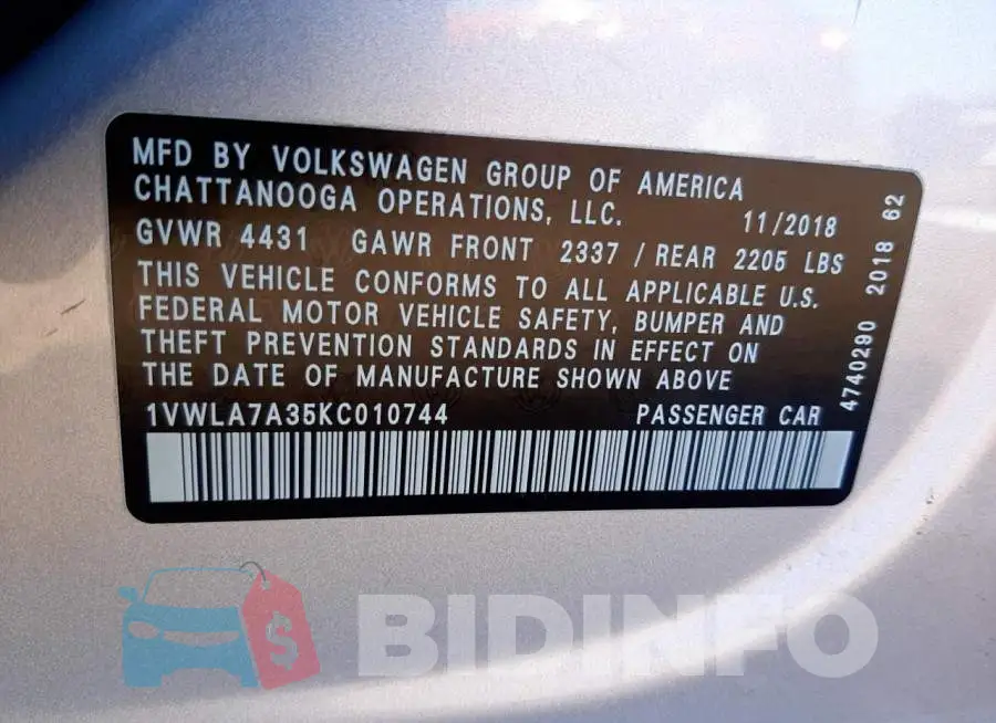 1VWLA7A35KC010744 Photo# 10