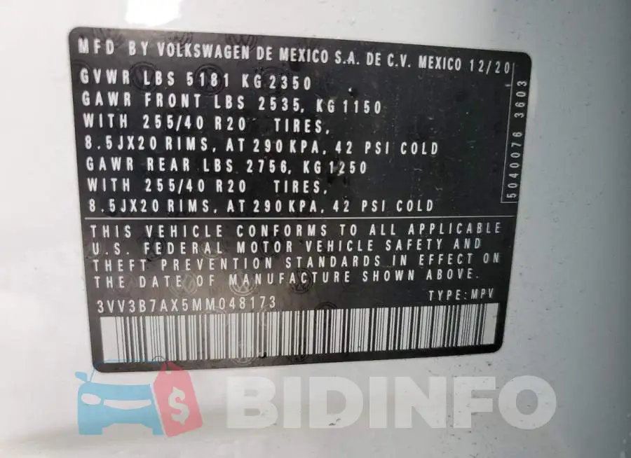 3VV3B7AX5MM048173 Photo# 10