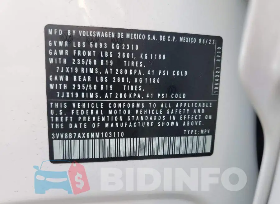 3VV8B7AX6NM103110 Photo# 10
