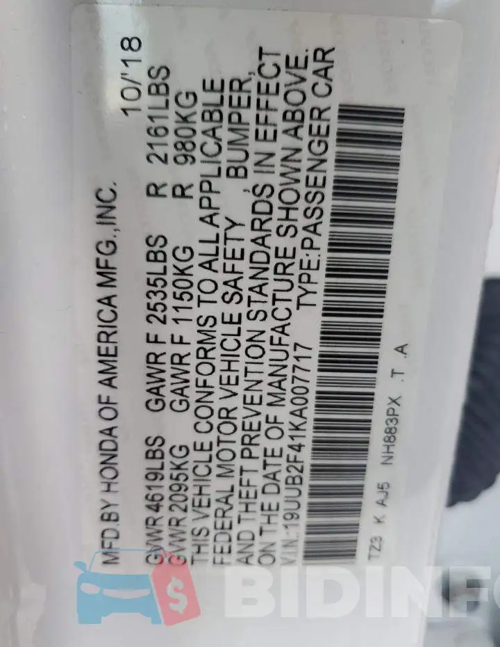 19UUB2F41KA007717 Photo# 10