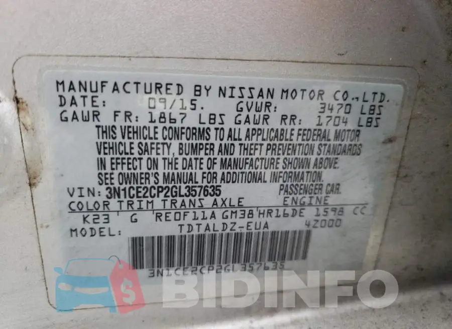 3N1CE2CP2GL357635 Photo# 10