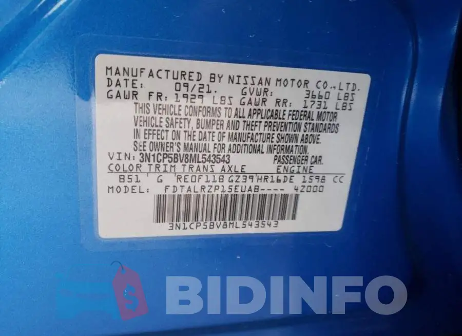 3N1CP5BV8ML543543 Photo# 10