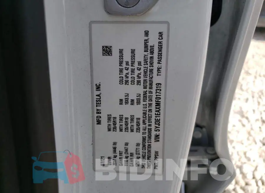 5YJ3E1EAXMF017319 Photo# 10