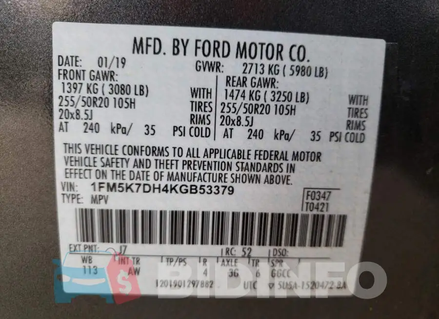 1FM5K7DH4KGB53379 Photo# 10
