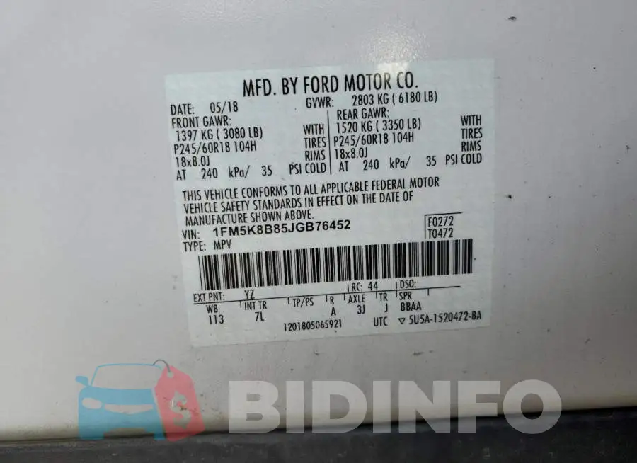 1FM5K8B85JGB76452 Photo# 10