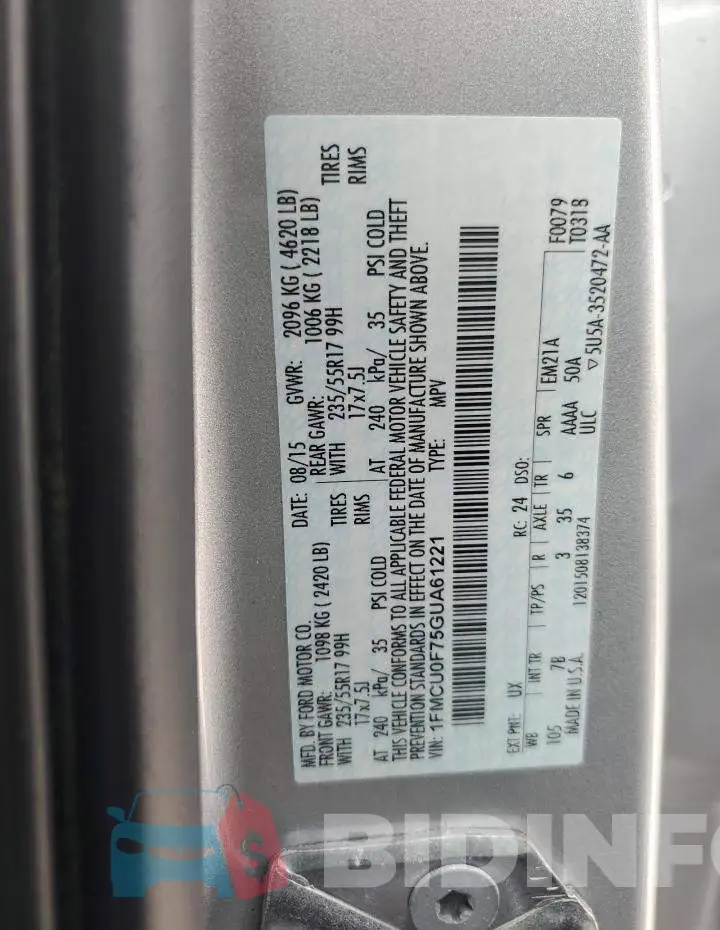 1FMCU0F75GUA61221 Photo# 10