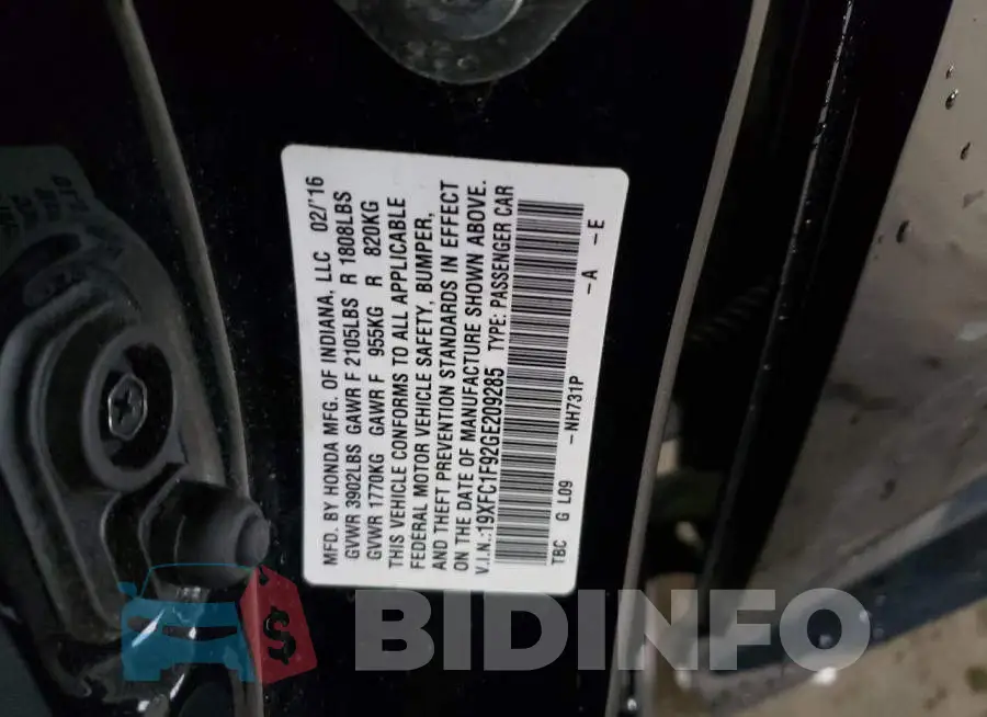 19XFC1F92GE209285 Photo# 10