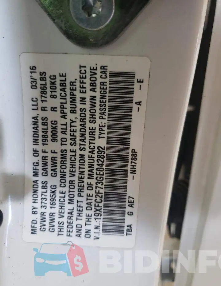 19XFC2F73GE042892 Photo# 10