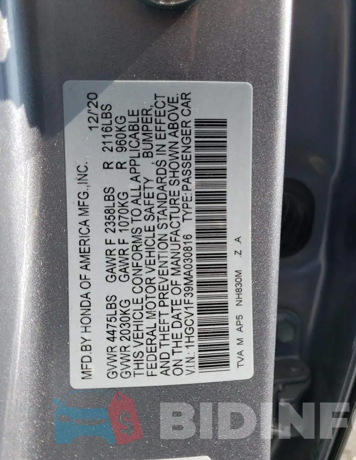 1HGCV1F39MA030816 Photo# 10