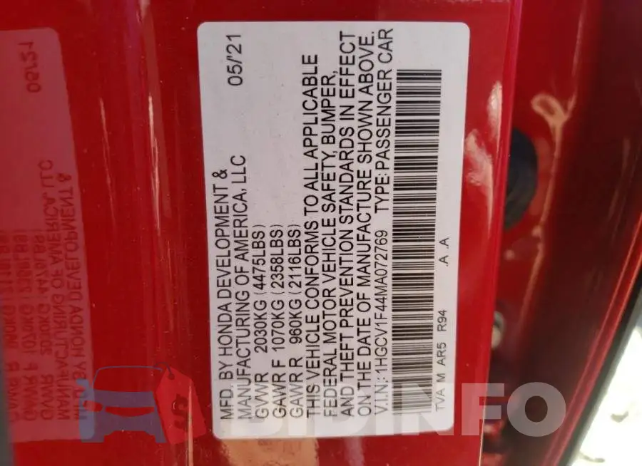 1HGCV1F44MA072769 Photo# 10