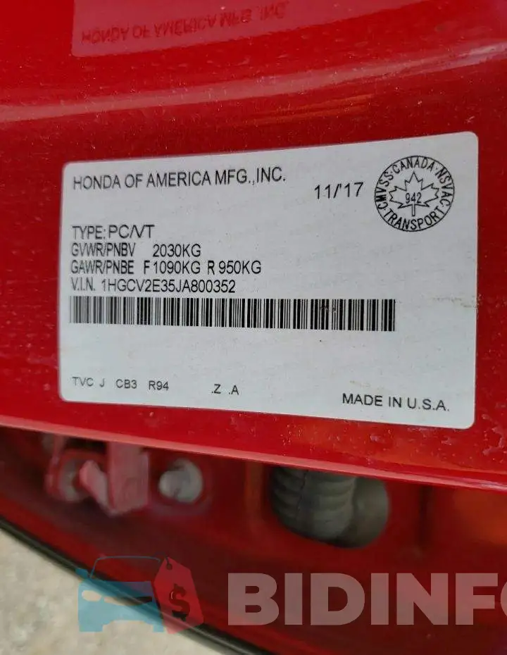 1HGCV2E35JA800352 Photo# 10