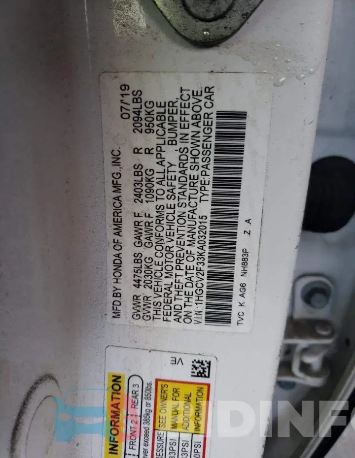 1HGCV2F33KA032015 Photo# 10