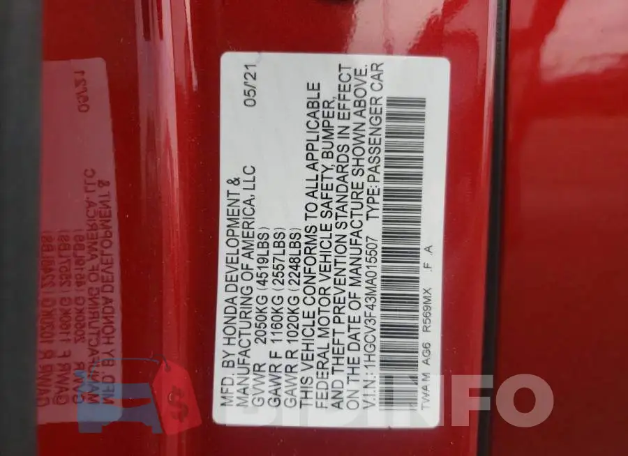 1HGCV3F43MA015507 Photo# 10