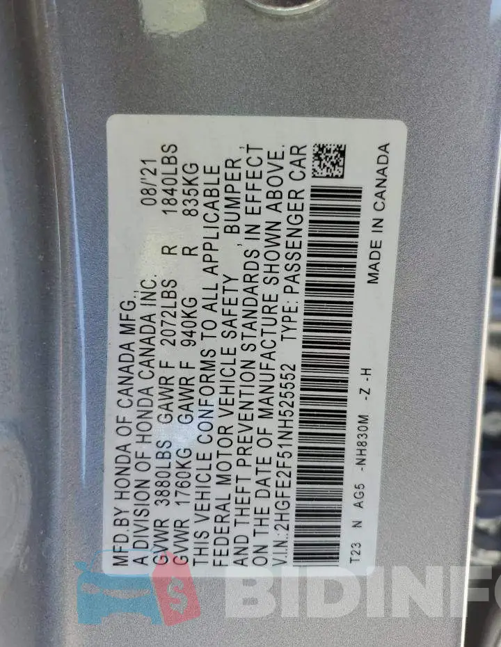 2HGFE2F51NH525552 Photo# 10