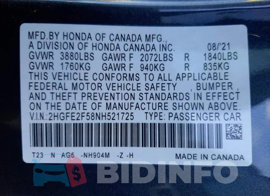 2HGFE2F58NH521725 Photo# 10