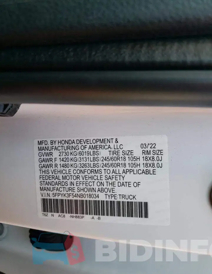 5FPYK3F54NB018034 Photo# 10