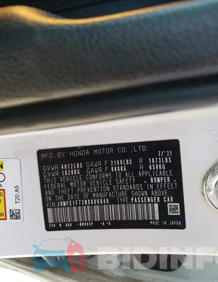 JHMFE1F73NX006040 Photo# 10