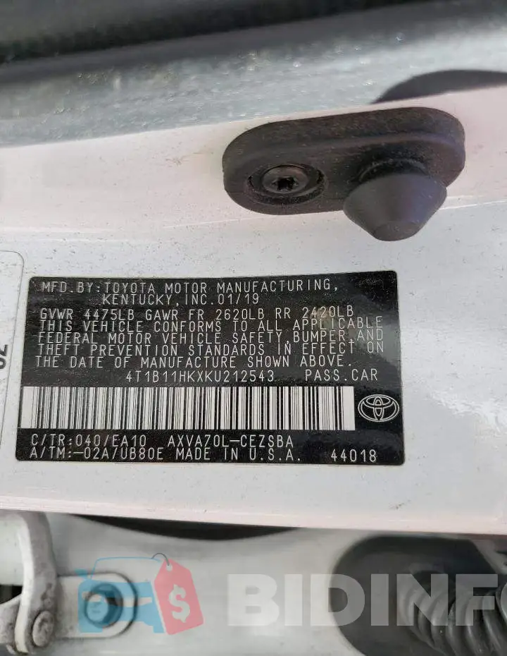 4T1B11HKXKU212543 Photo# 10
