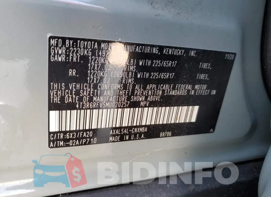 4T3R6RFV5MU020257 Photo# 10