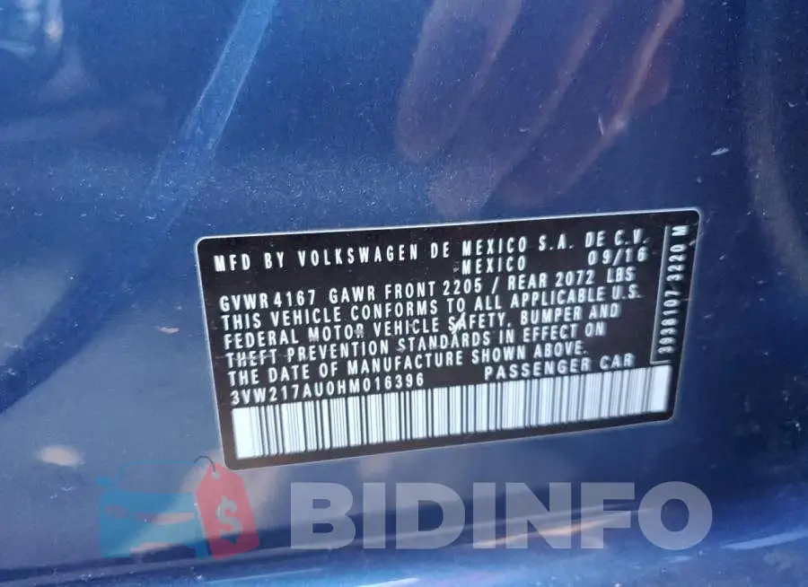 3VW217AU0HM016396 Photo# 10