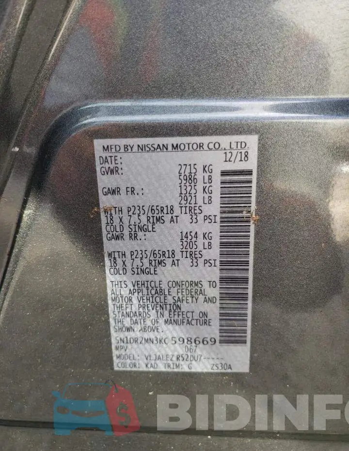 5N1DR2MN3KC598669 Photo# 10