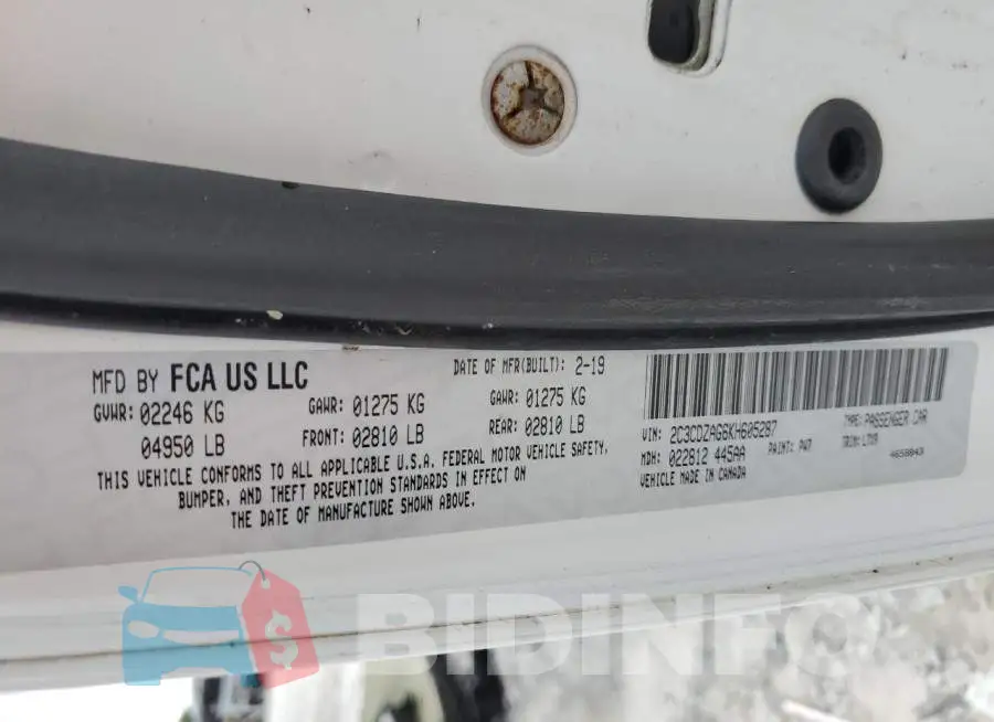 2C3CDZAG6KH605287 Photo# 10