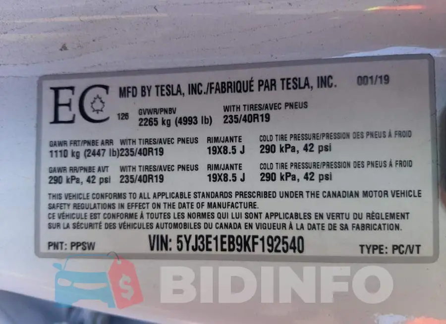 5YJ3E1EB9KF192540 Photo# 10