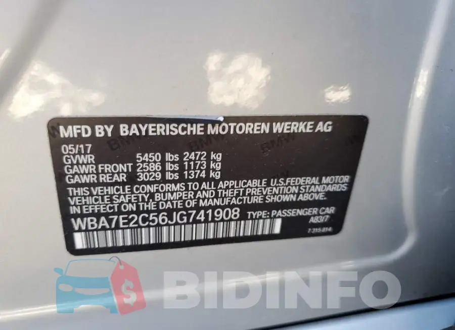 WBA7E2C56JG741908 Photo# 10