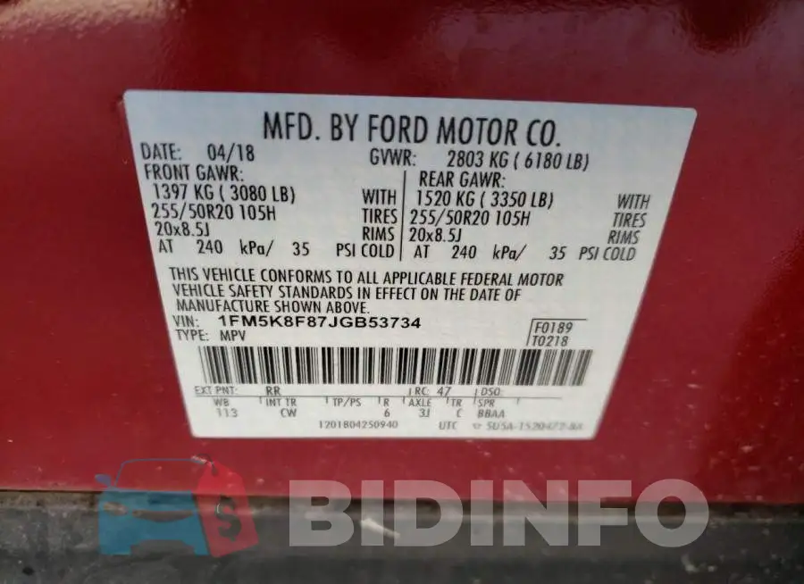 1FM5K8F87JGB53734 Photo# 10