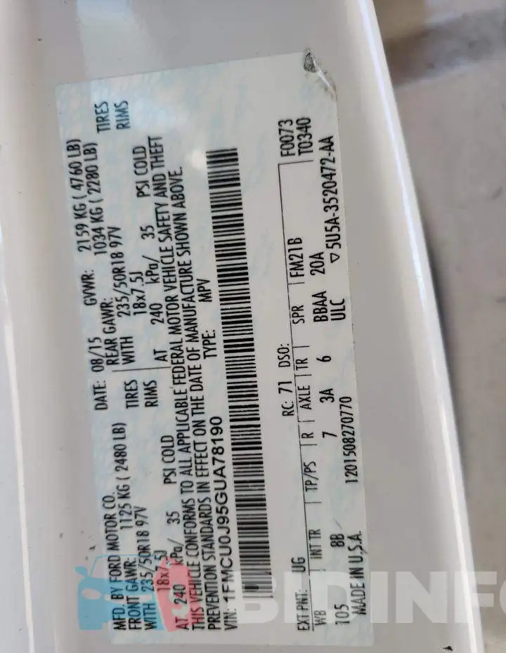 1FMCU0J95GUA78190 Photo# 10