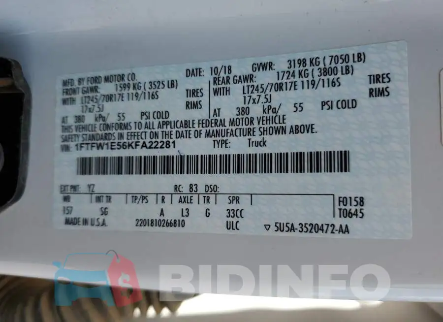 1FTFW1E56KFA22281 Photo# 10