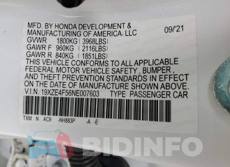 19XZE4F56NE007603 Photo# 10