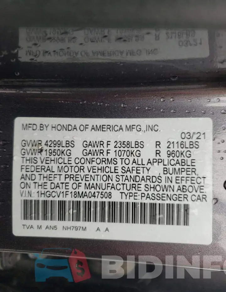 1HGCV1F18MA047508 Photo# 10
