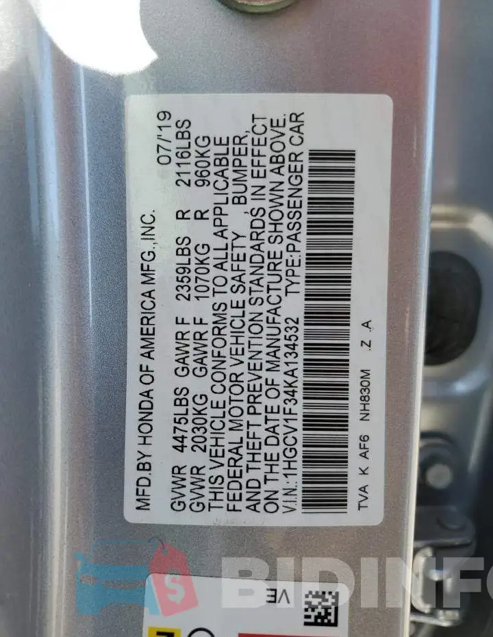 1HGCV1F34KA134532 Photo# 10