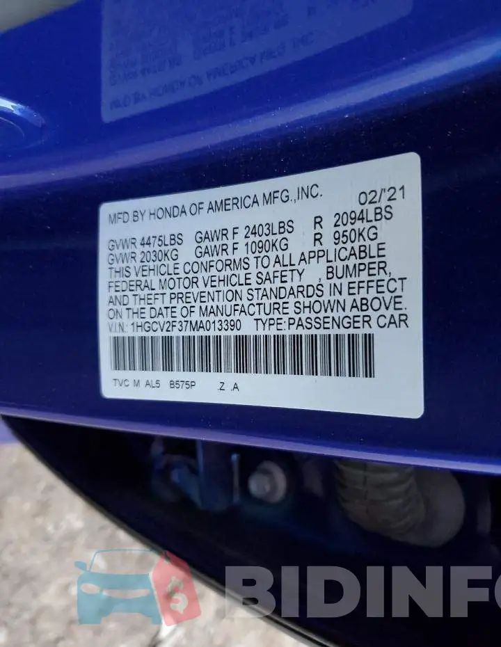 1HGCV2F37MA013390 Photo# 12